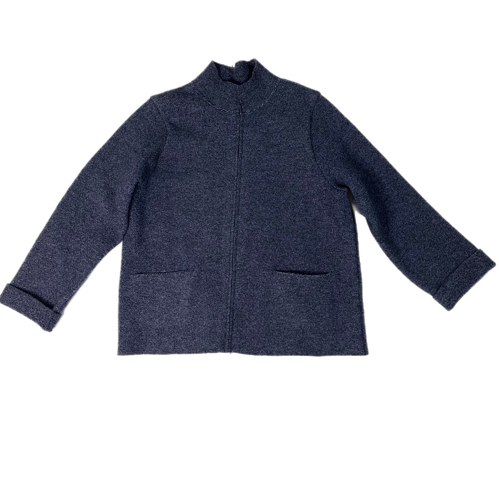 Eileen Fisher womens sz M zip front, 100% wool cardigan, blue/gray, Like New
